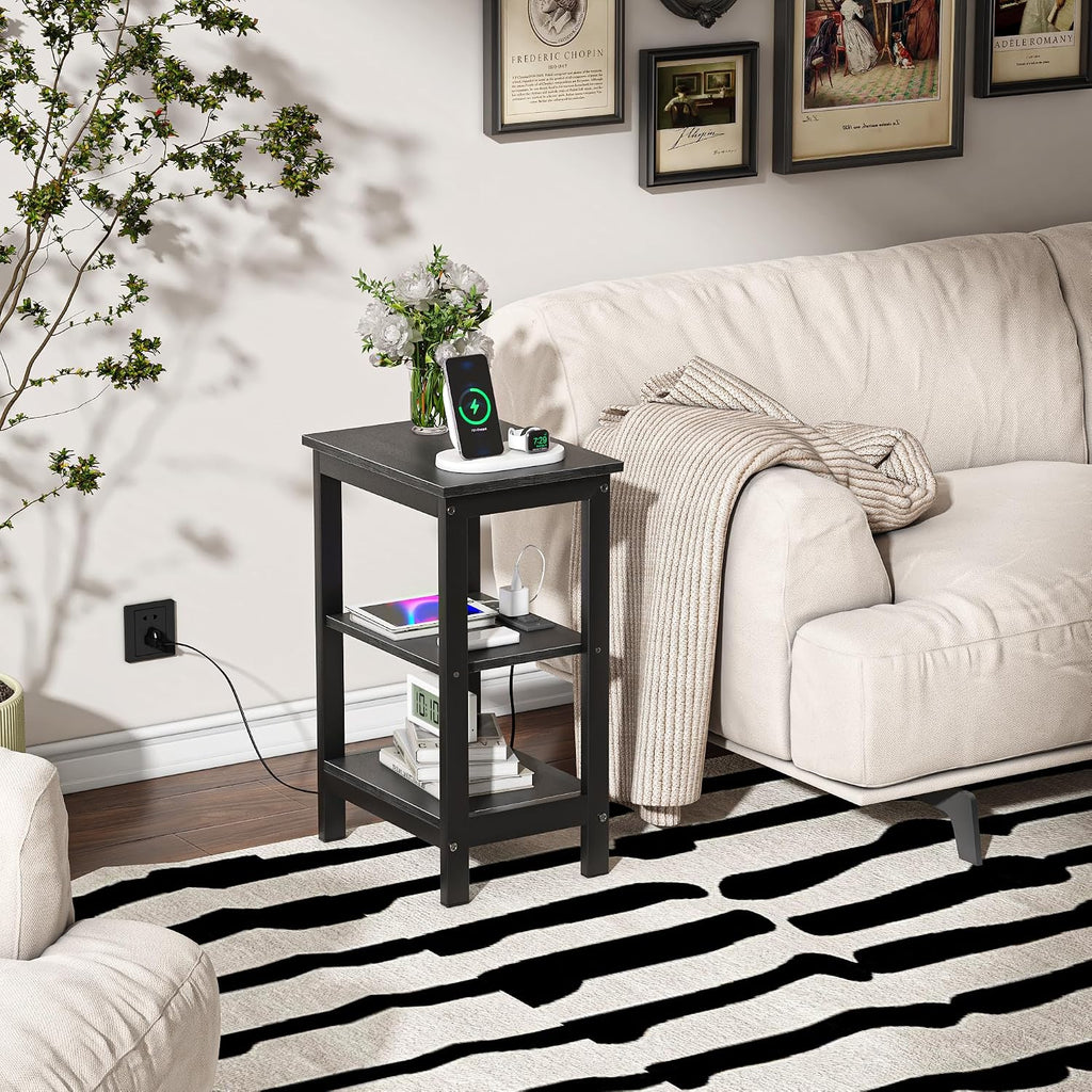 VECELO End Table with Charging Station and USB Ports, Small Wood Nightstand Modern Style, 24" Tall Living Room Side Table with 3-Tier Storage Shelves for Small Spaces, Office, Bedroom, Classic Black