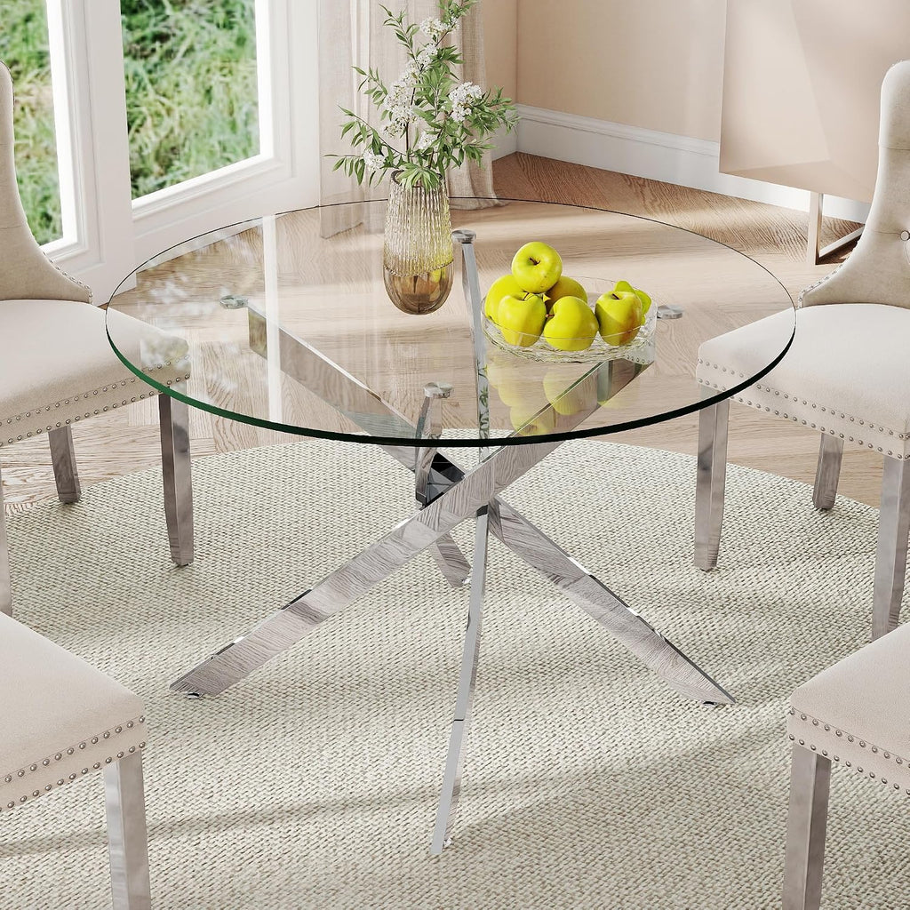 36-Inch Round Tempered Glass Dining Table for 2-4 Person Space-Saving Small Kitchen Table with Heavy-Duty Metal Legs Perfect for Dining Room, Apartment, Condo (Silver)
