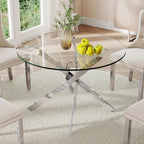 36-Inch Round Tempered Glass Dining Table for 2-4 Person Space-Saving Small Kitchen Table with Heavy-Duty Metal Legs Perfect for Dining Room, Apartment, Condo (Silver)