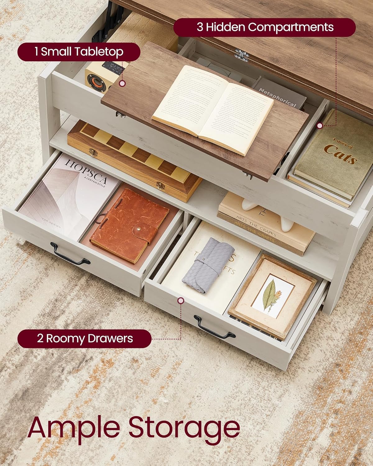 VASAGLE Coffee Table Lift Top, 3 in 1 Center Table with Storage, Gas Spring, 2 Drawers and 3 Hidden Compartments, Open Shelf, for Living Room, Home Office, Honey Brown and Rustic White ULCT254W01