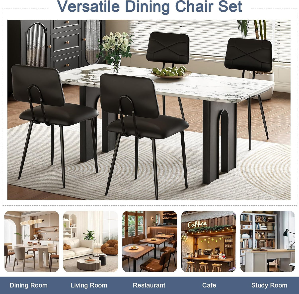 VECELO Dining Chairs Set of 2, Modern Upholstered Kitchen Chairs with Faux Leather Cushion Seat & Metal Legs for Kitchen, Living Room, Tufted Backrest Design, Black