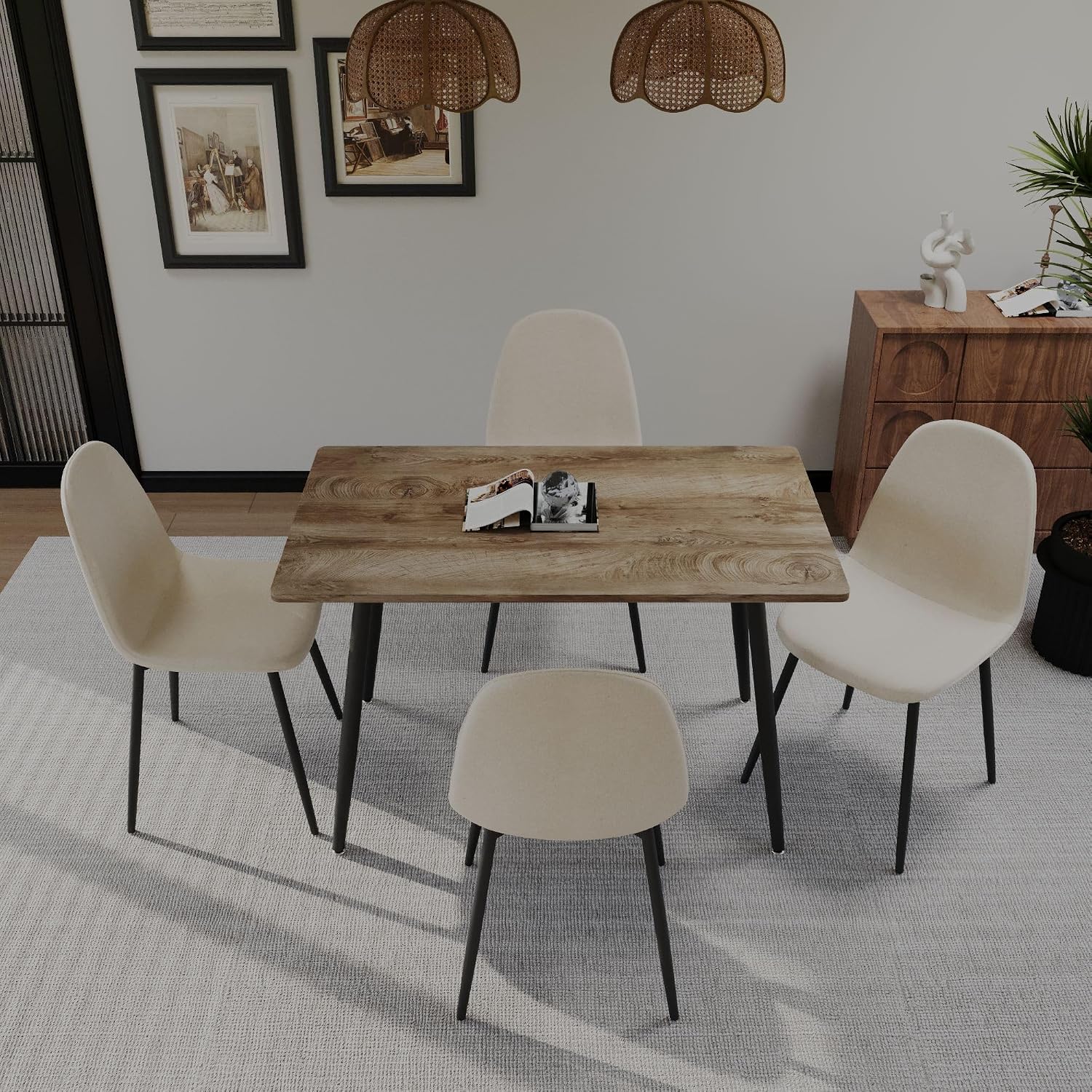 Small Dining Table Set for 4, Modern Kitchen Table Set for 4, 5 Piece Wooden Dining Table Set, 47'' Kitchen Table Set with 4 Fabric Dining Chairs Ideal for Small Spaces