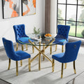 Round Glass Dining Table Set for 4, Small Kitchen Table Set for 4, 47" Circle Gold Glass Dinner Table for 4 with Navy Blue Velvet Chairs, 5 Piece Dining Room Table Set for 4 for Breakfast Dinette Cafe