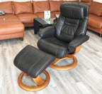 Fjords Mustang Large Leather Recliner Chair and Ottoman Norwegian Ergonomic Furniture Nordic Line Genuine Black Leather Cherry Wood