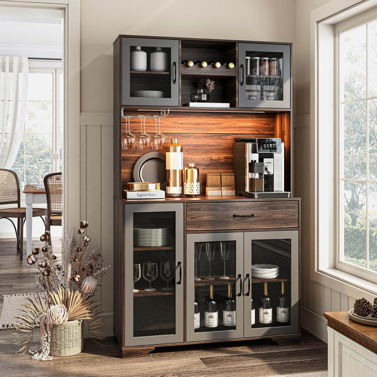 Fatmok 71" Tall Pantry Cabinet with Glass Doors, Kitchen Hutch Storage Cabinet, Coffee Bar & Liquor Cabinet with Charging Station & LED Lights, Wine Rack, Adjustable Shelves＆Large Drawer, Brown