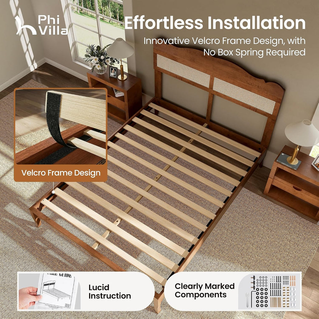 PHI VILLA Solid Wood Queen Bed Frame with Adjustable Headboard