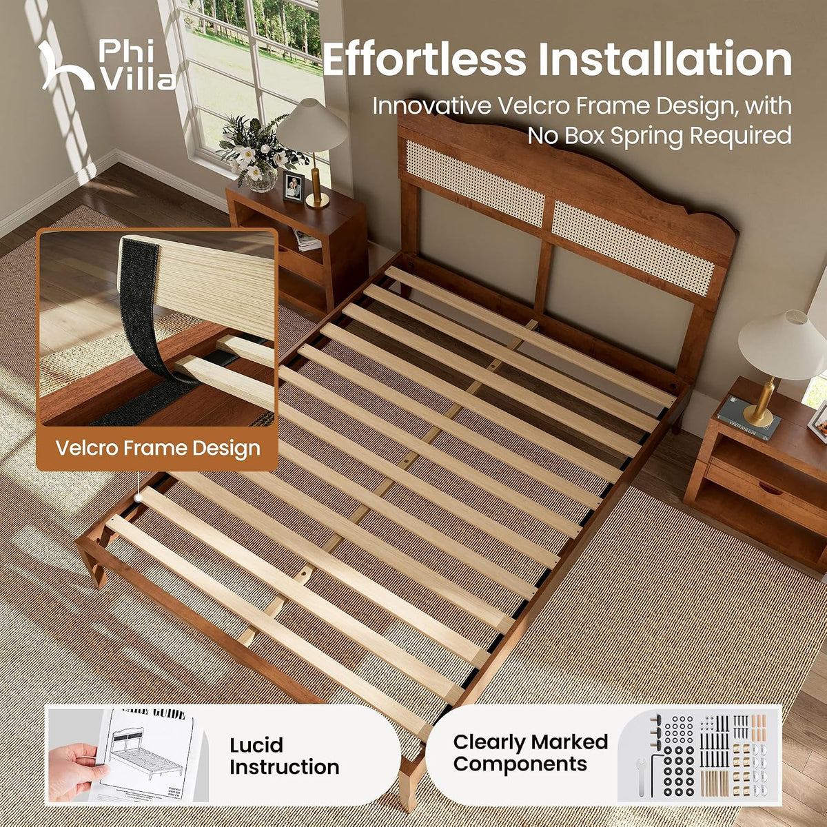 PHI VILLA Solid Wood Queen Bed Frame with Adjustable Headboard