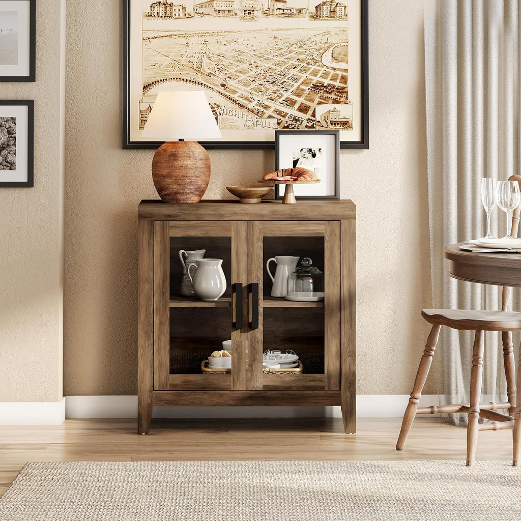 WAMPAT Buffet Cabinet with Storage, Kitchen Sideboard Cabinet with Glass Door and Adjustable Shelf, Modern Farmhouse Credenza Wood Coffee Bar Table for Kitchen, Dining Room, Living Room, Brown