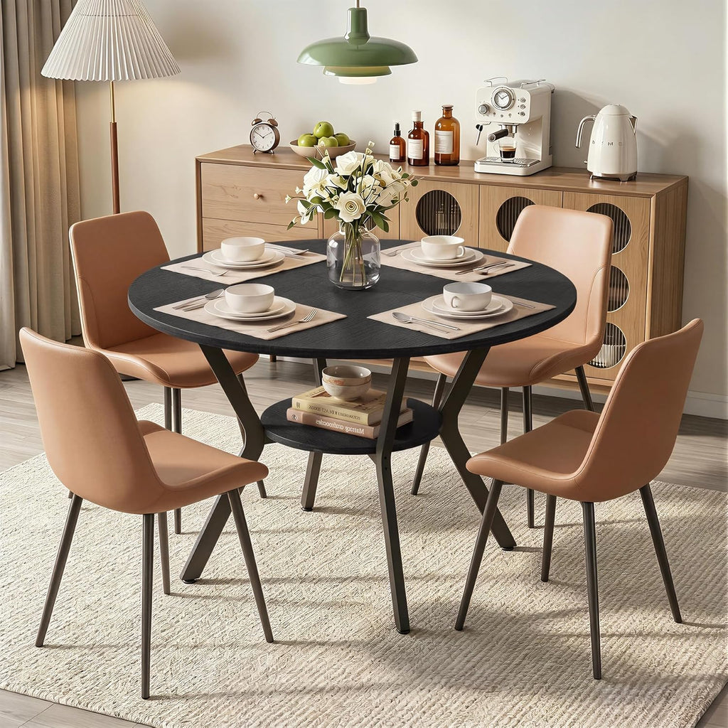 Miereirl 42.13" 5-Piece Round Dining Table Set for 4, Kitchen Table Set with 4 Upholstered Chairs and Storage Shelf, Dining Room Furniture Set for Apartment, Small Spaces