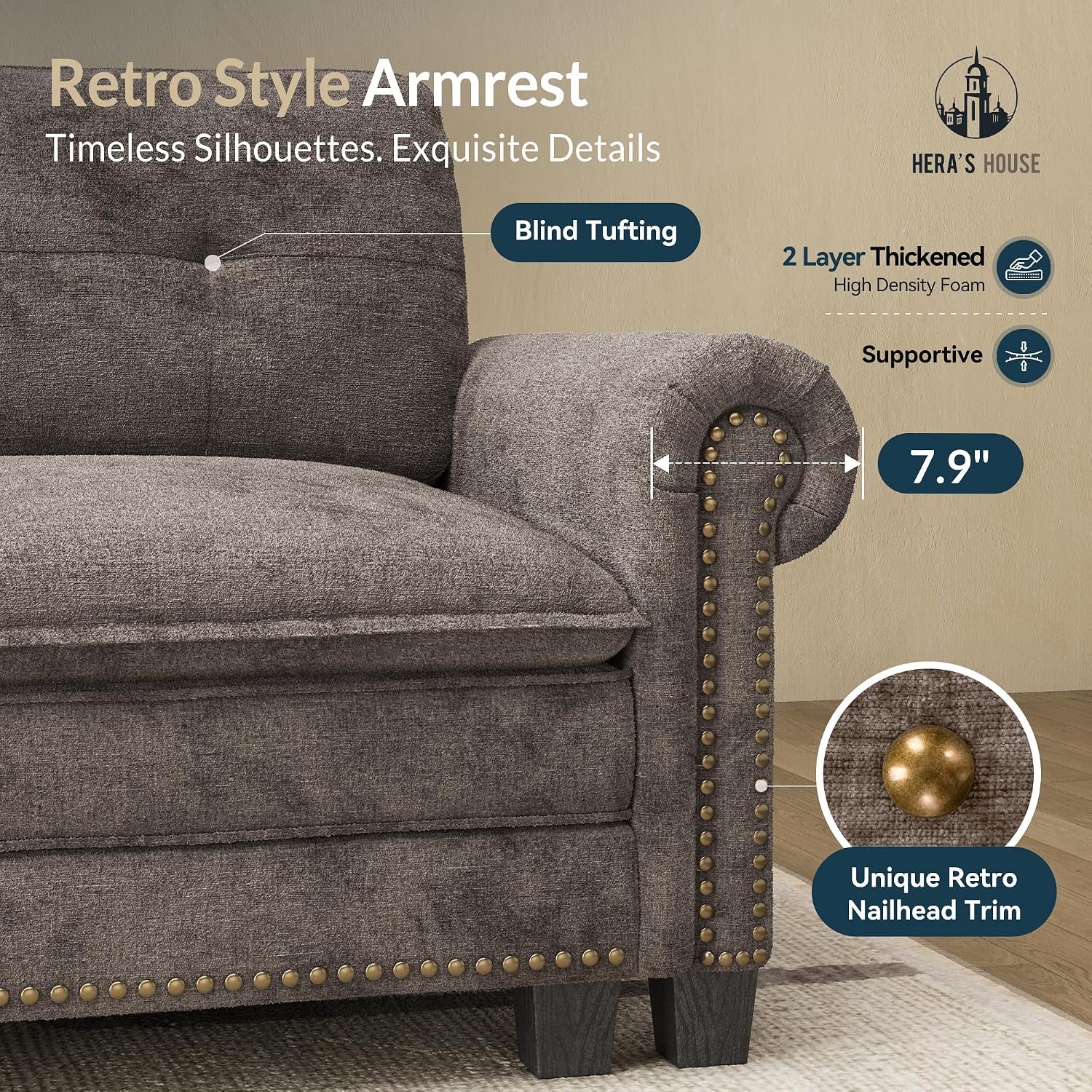 HERA'S HOUSE 150" Oversized U Shaped Modular Sectional Couch Living Room | Mid-Century Modern 6-Seater Cloud Sofa, Grayish Brown, Rolled Arms & Nailhead Trim, Wider & Deeper Seats, Ottoman, Chenille