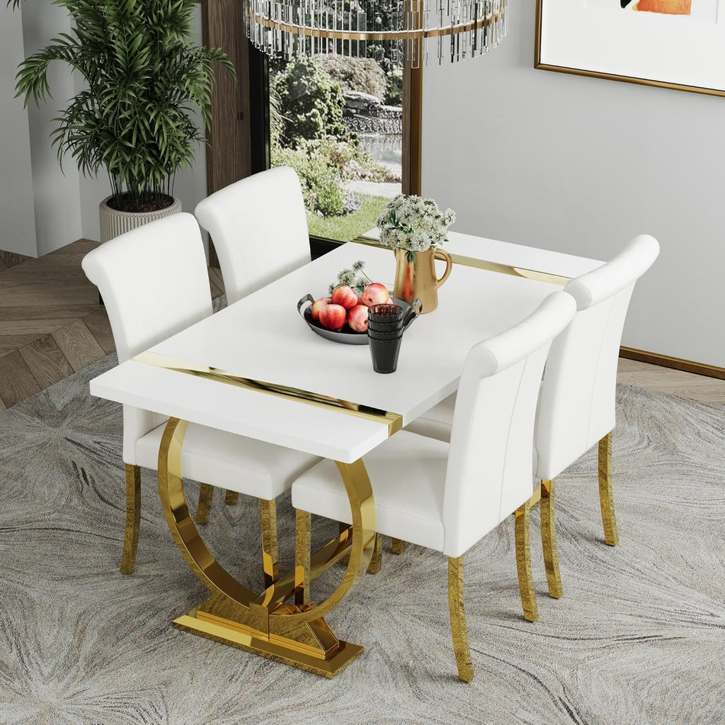 ACEDÉCOR Dining Table Set for 4, 5-Piece White and Gold Dining Set with 4 Faux Leather Dining Chairs, Modern Luxury Dining Room Table Set with Stainless Steel U-Shaped Base