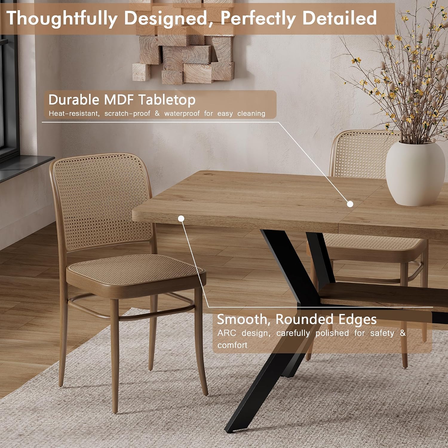 MECHYIN Extendable Dining Table for 4-8, 55-71 in, Storage Shelf, Natural | Flip Leaf Stores Under Top, No-Gap Metal Connectors, Chairs Tuck Under Pedestal Base, Oak Wood-Grain Top, Fits Apartments