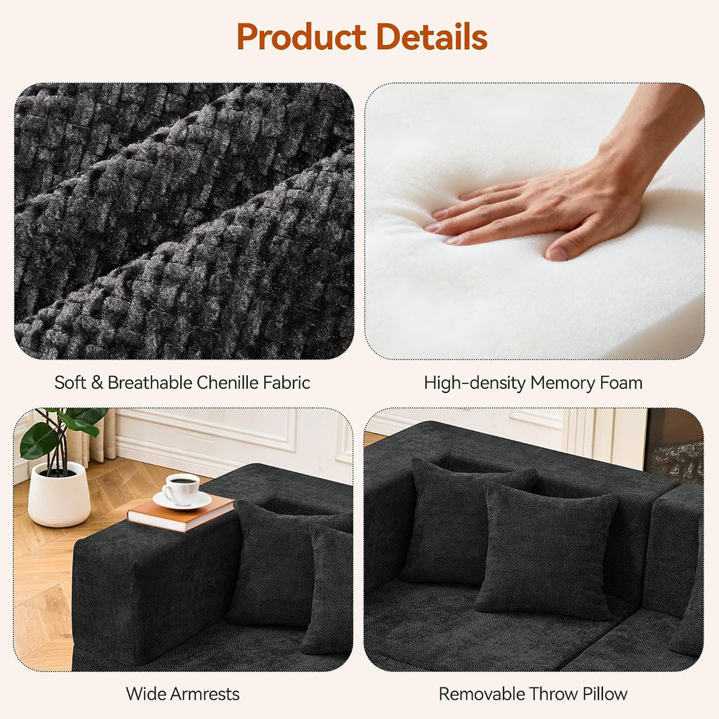 MONVANE Modular Sectional Sofa, Oversized 8 Seat Convertible U Shaped Couch with Ottoman, Comfy Chenille Cloud Couch with Deep Seat, Sectional Couches for Living Room, No Assembly Required, Black