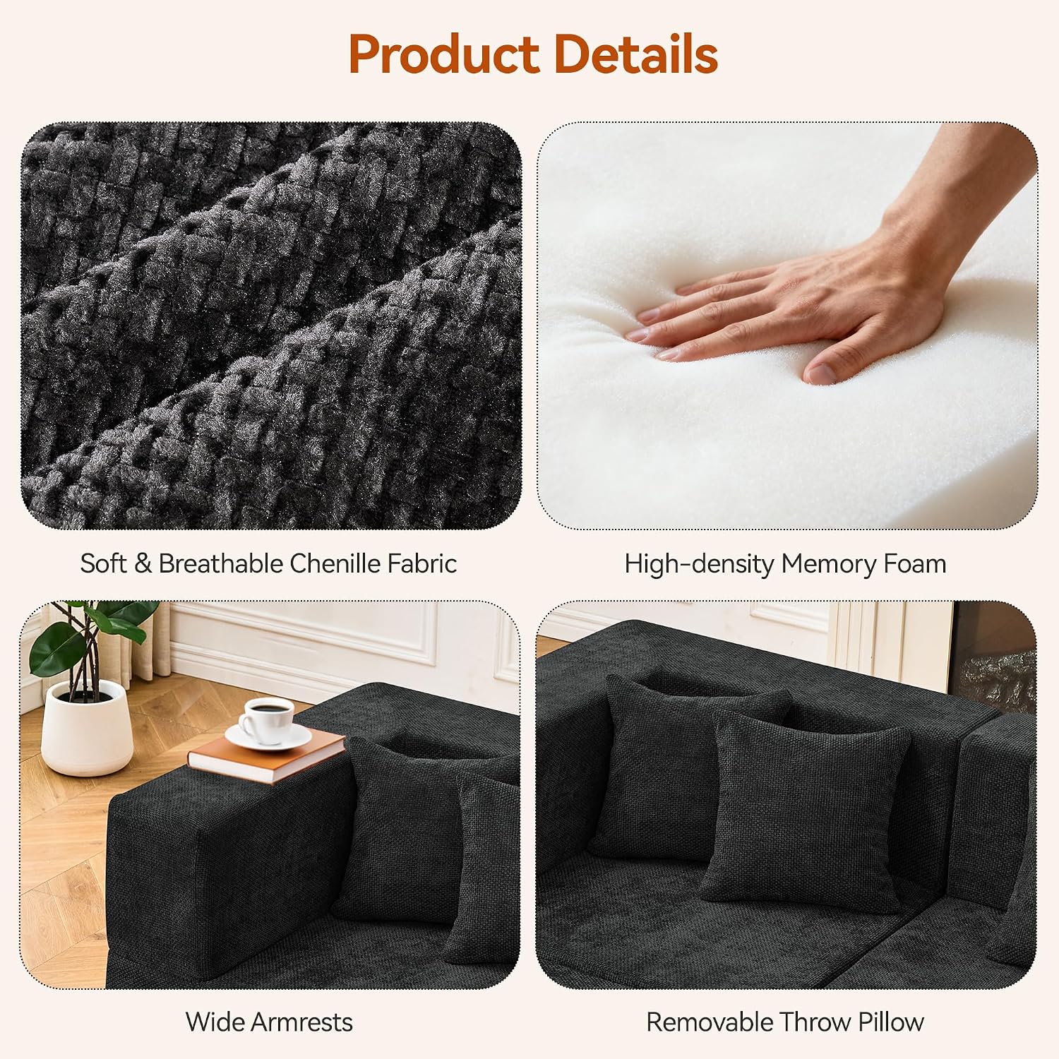 MONVANE Modular Sectional Sofa, Oversized 8 Seat Convertible U Shaped Couch with Ottoman, Comfy Chenille Cloud Couch with Deep Seat, Sectional Couches for Living Room, No Assembly Required, Black