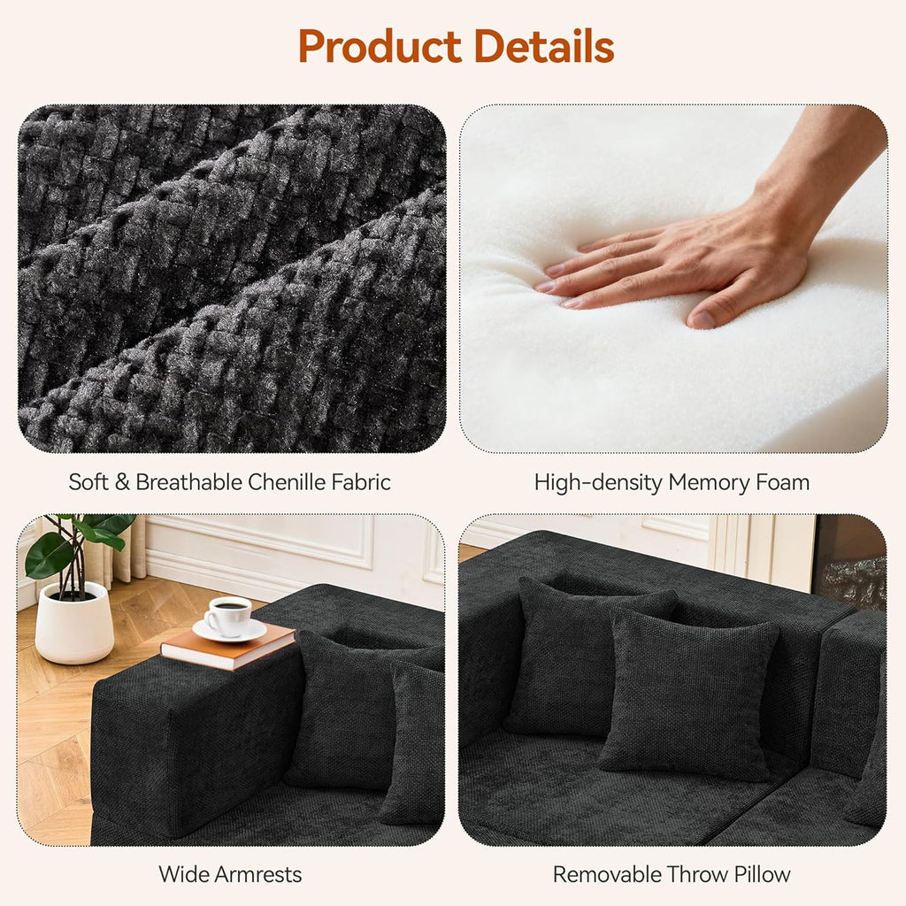 MONVANE 103'' Modular Sectional Sofa, Comfy Chenille Cloud Couch with Ottoman, Modern Convertible L Shaped Couch with Deep Seat, Sectional Couches for Living Room, Bedroom and Apartment, Black