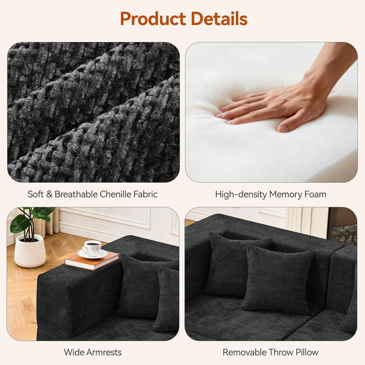 MONVANE 103'' Modular Sectional Sofa, Comfy Chenille Cloud Couch with Ottoman, Modern Convertible L Shaped Couch with Deep Seat, Sectional Couches for Living Room, Bedroom and Apartment, Black