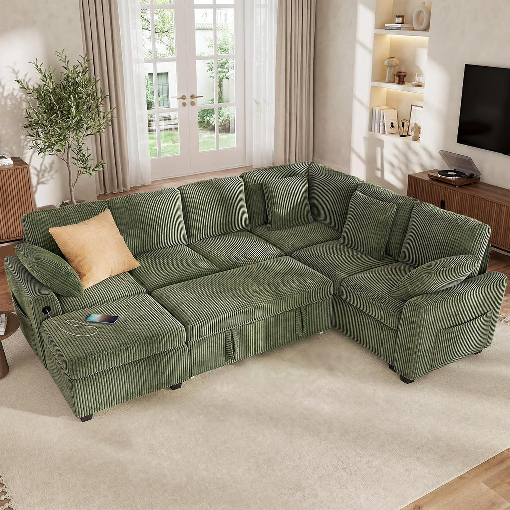 Hanherry Sectional Sofa with Pull Out Couch Bed,6 Seats Corduroy Sleeper Sofa with Storage Ottoman & USB Charging,Comfy L Shaped Modular Couches for Living Room,Apartment