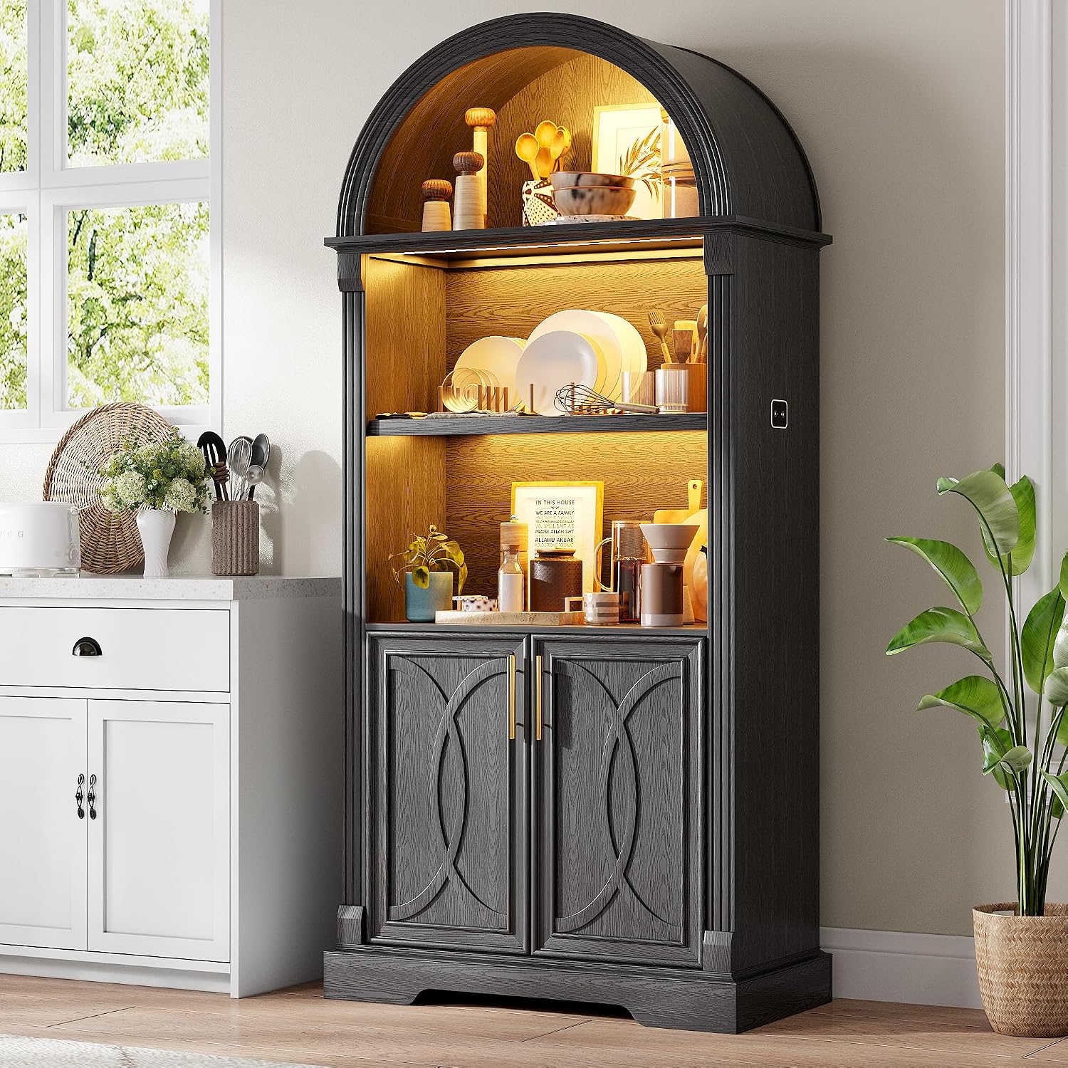 Vlsrka Kitchen Pantry Storage Cabinets with Adjustable Shelves, 71" Tall | Arched Wooden Cabinet with Doors, 3 Colors LED Lights, Motion Sensor, Freestanding, for Living/Dining Room, Black