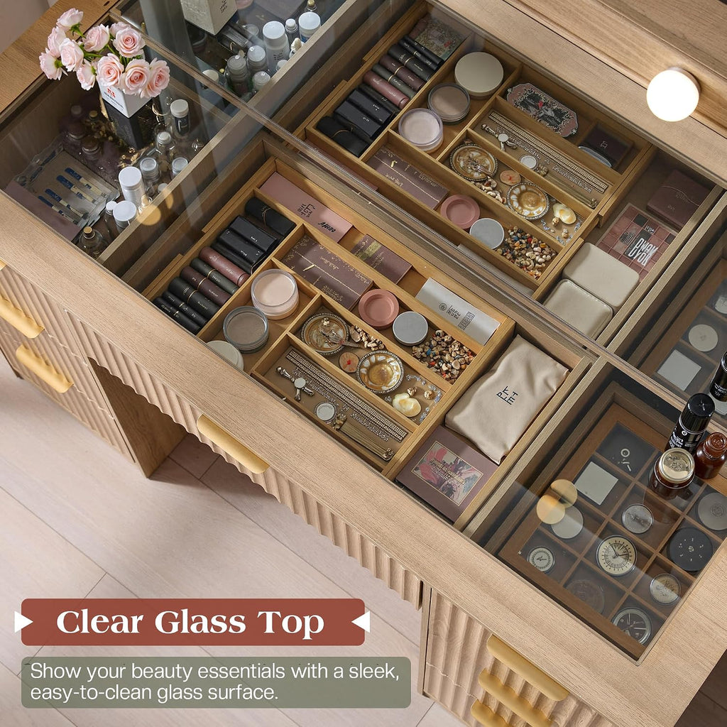 LUXOAK 47" Makeup Vanity Desk with Large Mirror & LED Lights, Oak | Fluted Vanity with 7 Drawers, Glass Top & Charging Station, Dressing Table for Bedroom, Women & Girls