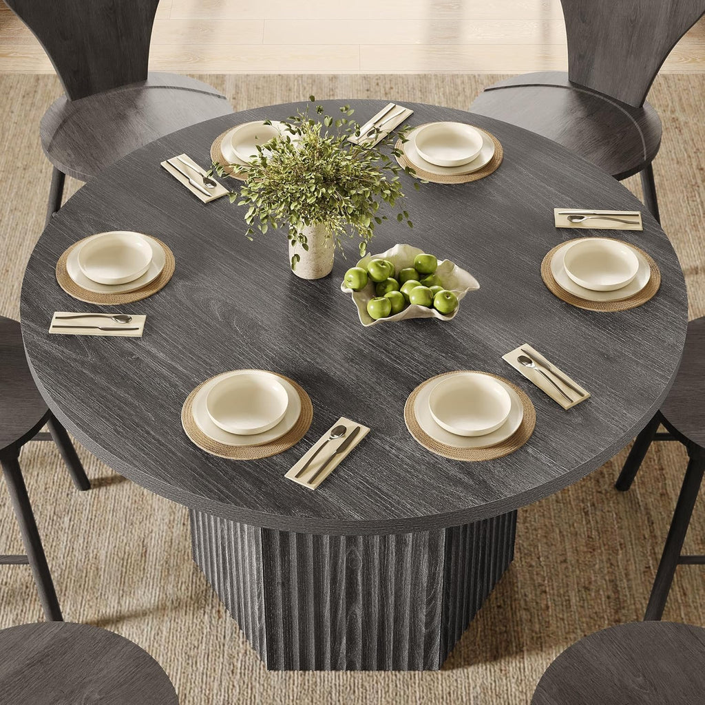 SICOTAS Round Dining Table for 4 6 People 47" Fluted Kitchen Dinner Table Modern Wooden Circle Dining Room Table with Sturdy Base for Dining Room Kitchen Living Room, Dark Grey Alder