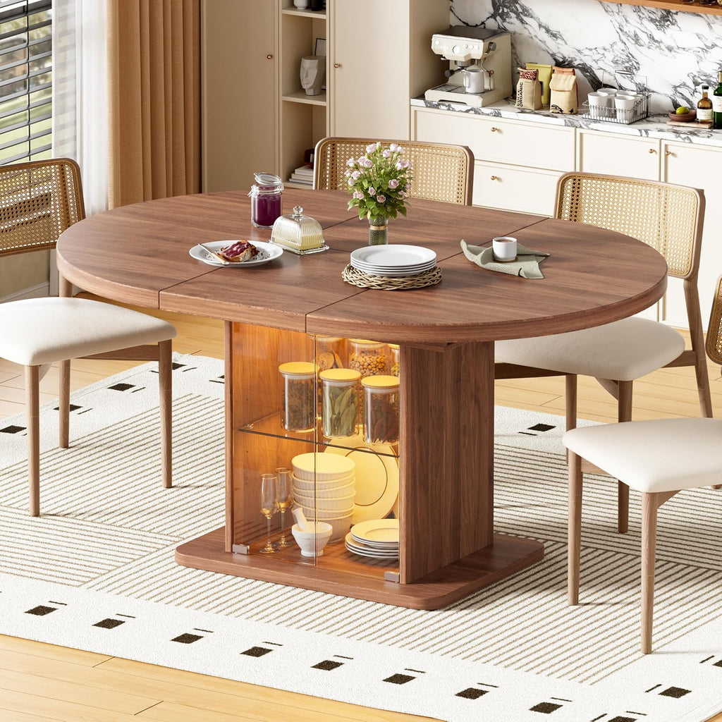 43.3"-59" Extendable Round Dining Table for 4-8 with Dust-Proof 2-Tier Storage Shelf, Space-Saving Expandable Dining Room Table with Lights, Wood Oval Circle Dining Table for Kitchen, Walnut