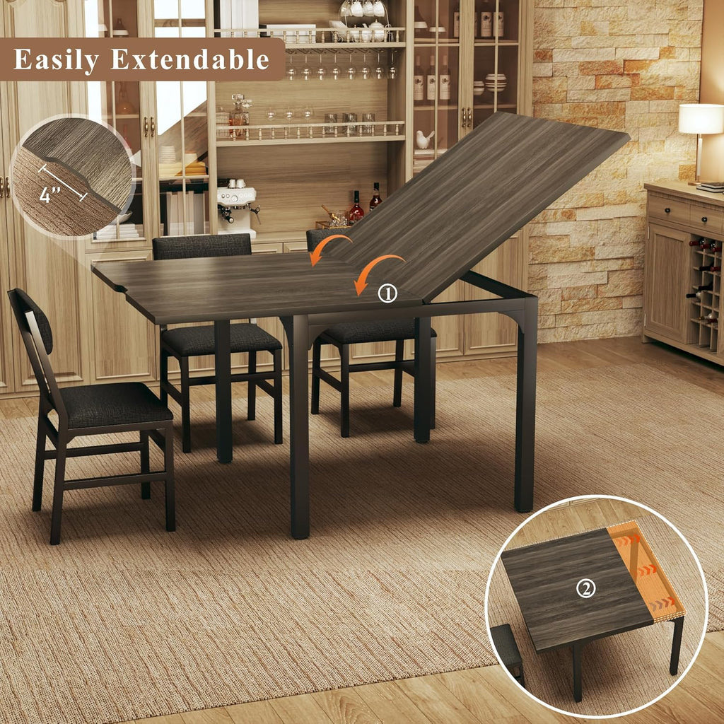 7-Piece Dining Table Set for 4-6, Extendable Kitchen Table Cushion Chairs Set of 6 with 6 Chairs, Rectangle Dining Table with Metal Frame & MDF Board, Folding for Small Apartment Saving Space,Grey Oak