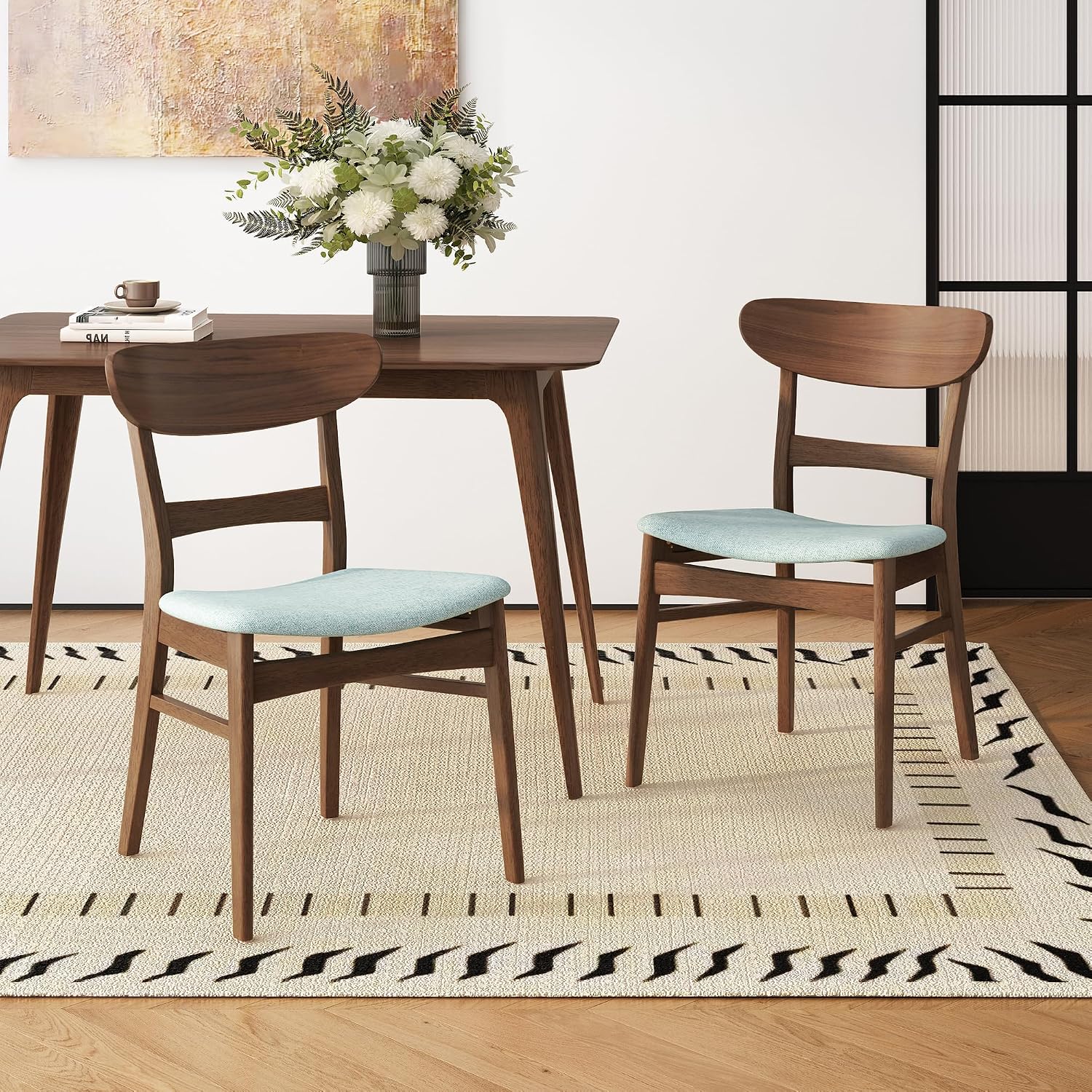 Wood Dining Room Table Set for 4,Mid Century Modern Dining Table Set,Kitchen Table and Chairs Set for Breakfast Nook and Small Space,5 Piece Dining Table for Apartment,Wooden Frame(Walnut+Mint)