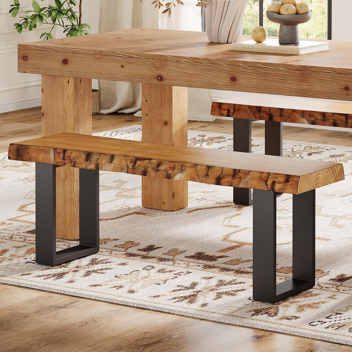 Solid Wood Dining Bench, 47'' Industrial Entryway Bench with Black Metal Legs, Narrow Long End of Bed Bench for Bedroom, Kitchen, Living Room, Hallway, Easy Assembly
