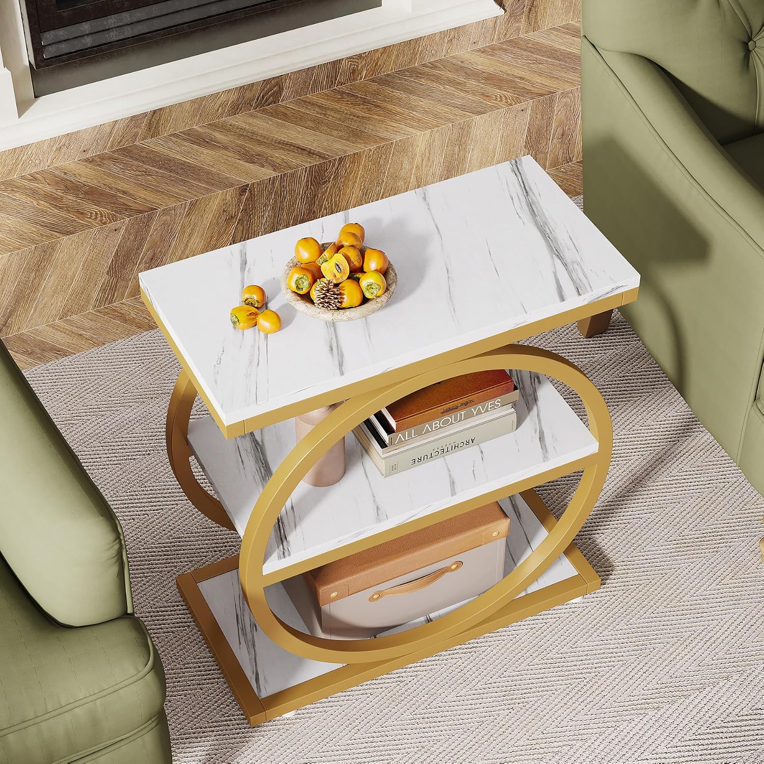 Tribesigns End Table with Storage Shelves Pack of 2, 3-Tier Wooden Industrial Sofa Side Table with Black Metal Frames for Living Room, Slim Nightstand and Bedside Table for Bedroom, White & Gold