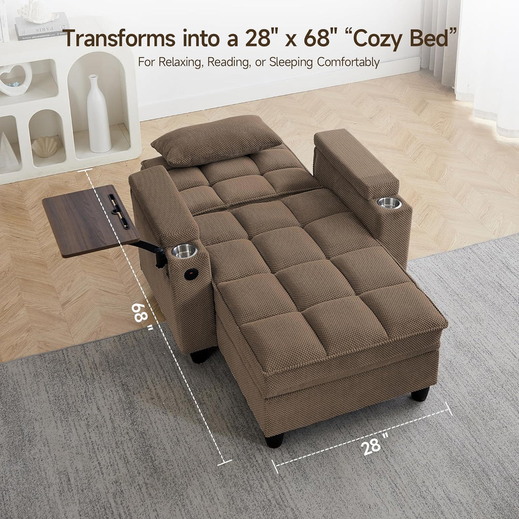 hansones 41.7" Oversized Chaise Lounge Chair Indoor, 3-in-1 Convertible Sleeper Lounger with Adjustable Backrest, Deep Seat Reading Chair with Armrest Storage, Swivel Table & Cup Holders