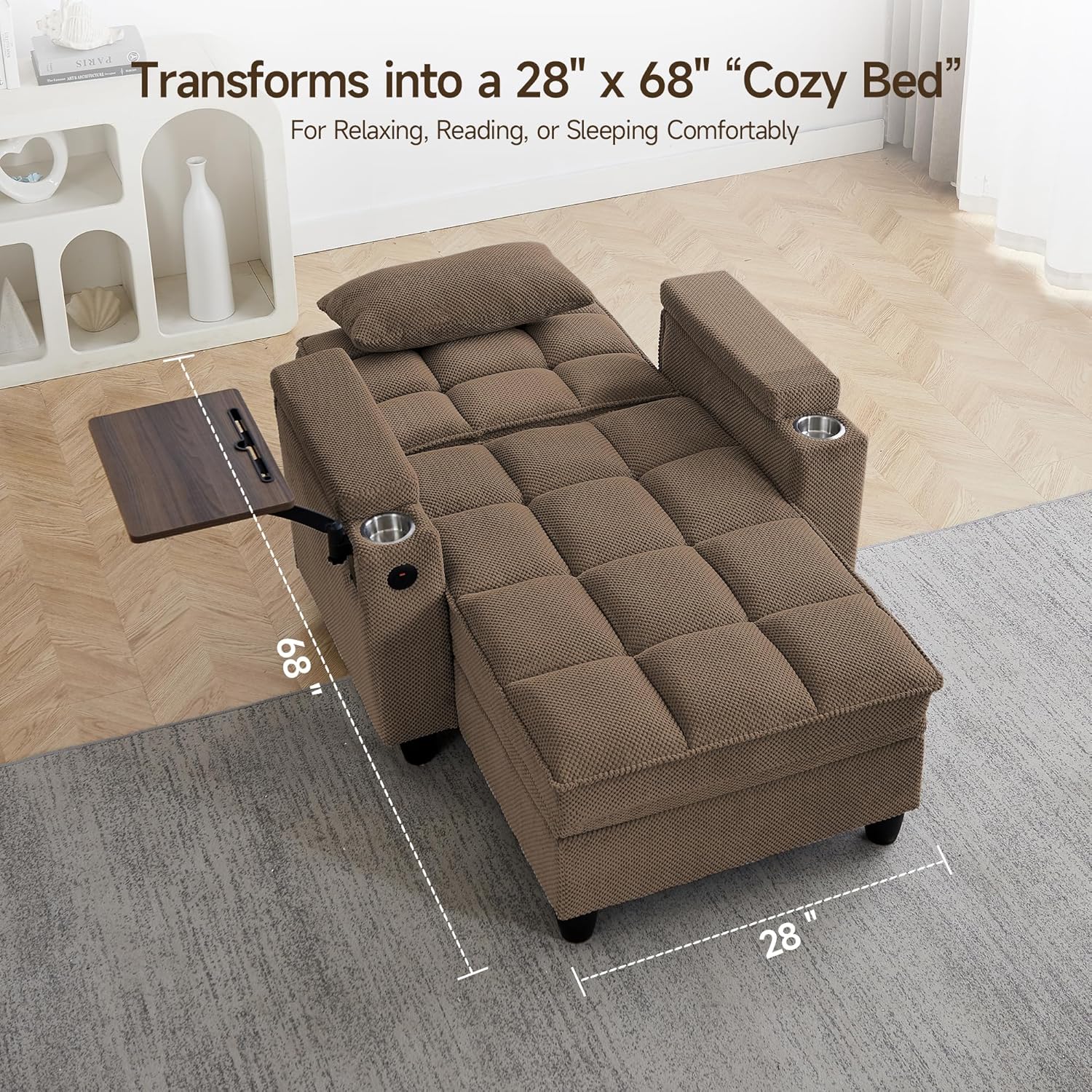 hansones 41.7" Oversized Chaise Lounge Chair Indoor, 3-in-1 Convertible Sleeper Lounger with Adjustable Backrest, Deep Seat Reading Chair with Armrest Storage, Swivel Table & Cup Holders