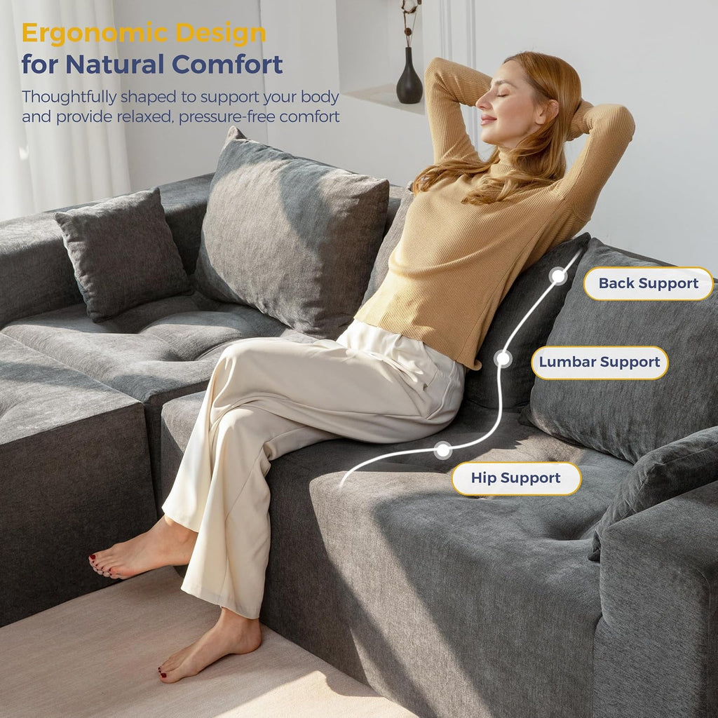 MAXYOYO Modular Sectional Sofa Couch, L Shaped Cloud Couch with Flexible Ottoman, Chenille Upholstered Living Room Sofa Chair for Living Room, No Assembly Required, Light Grey