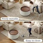 Round Storage Ottoman Coffee Table with Walnut Tray, 30'' Round Ottoman with Storage, Modern Upholstered Coffee Table with with 4 Casters for Living Room, Linen Fabric, Beige