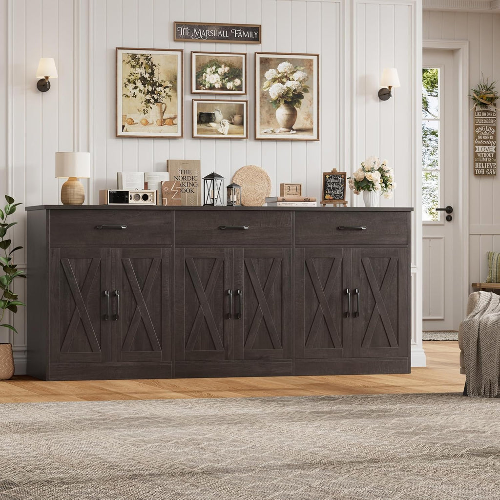 HOSTACK 71"W Farmhouse Kitchen Sideboard Buffet Cabinet with Storage, Brown