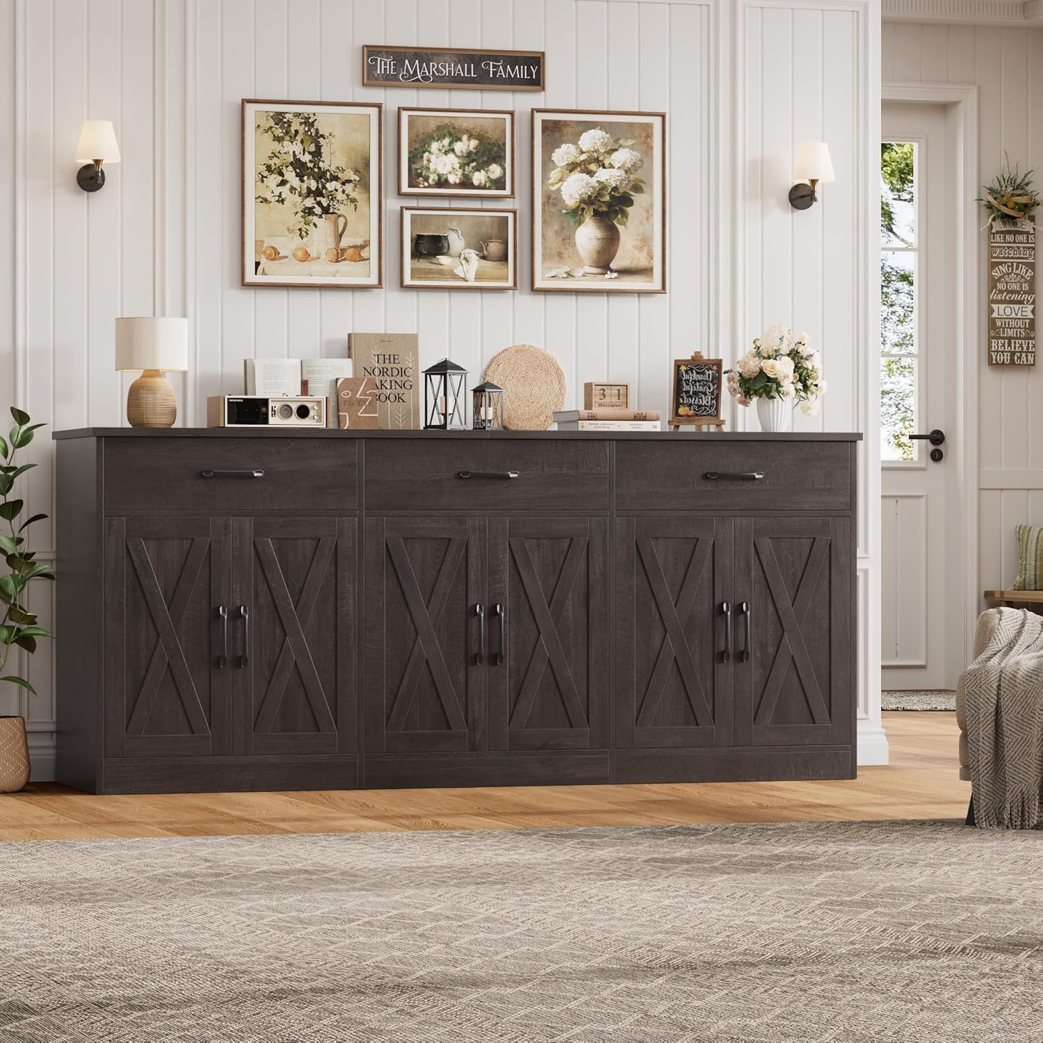 HOSTACK 71"W Farmhouse Kitchen Sideboard Buffet Cabinet with Storage, Brown