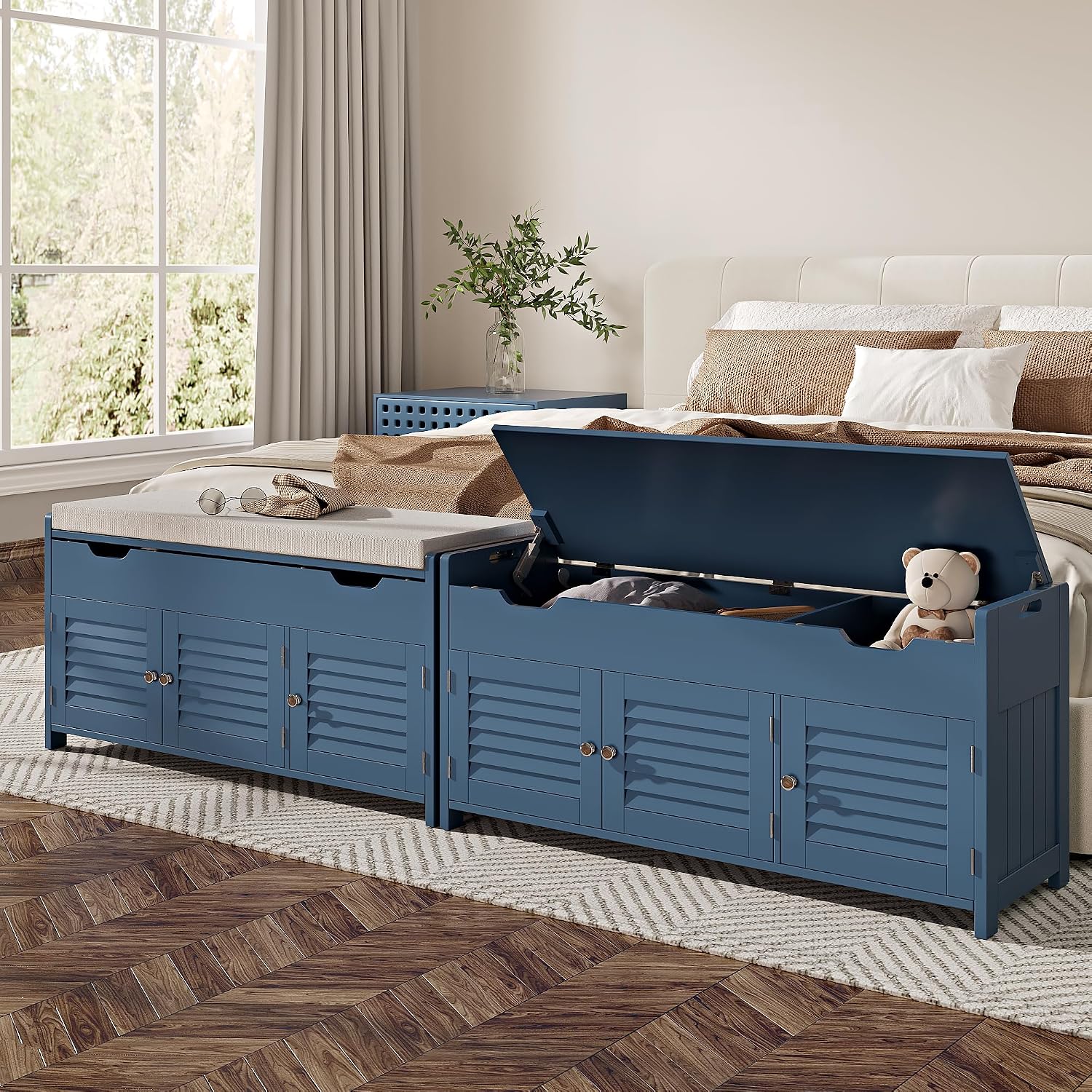 ChooChoo 41.3" Shoe Storage Bench with Lift Top Storage, Entryway Bench with Cushioned Seat, Adjustable Shelf, Shoe Cabinet with Hidden Space, for Entryway, Bedroom, Living Room, Blue