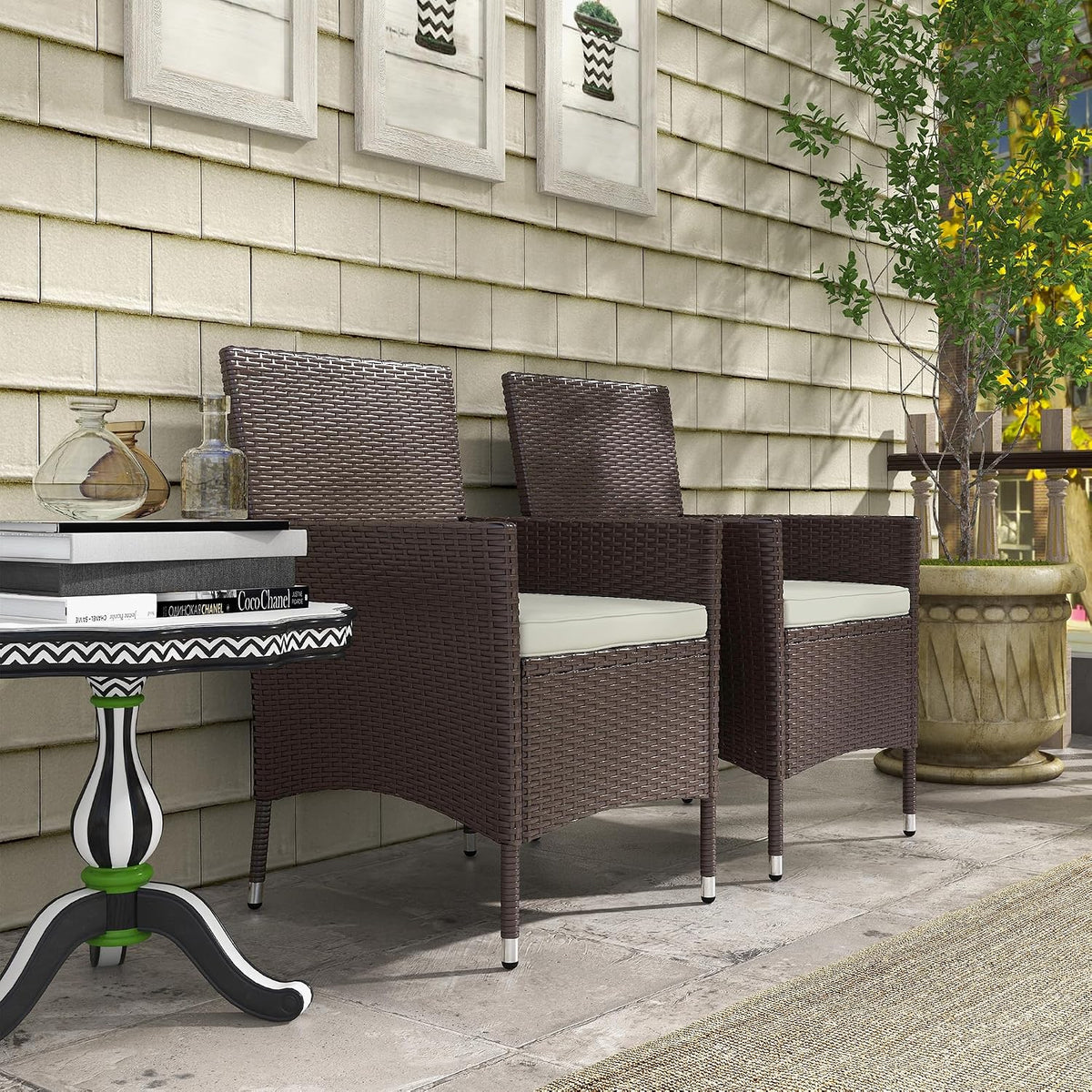 Rattan Dining Chairs, 2 PCS Patio Wicker Chairs Set with Cushions and Anti-Slip Feet, Stackable Outdoor Seating for Backyard Garden Lawn Deck, Dark Coffee