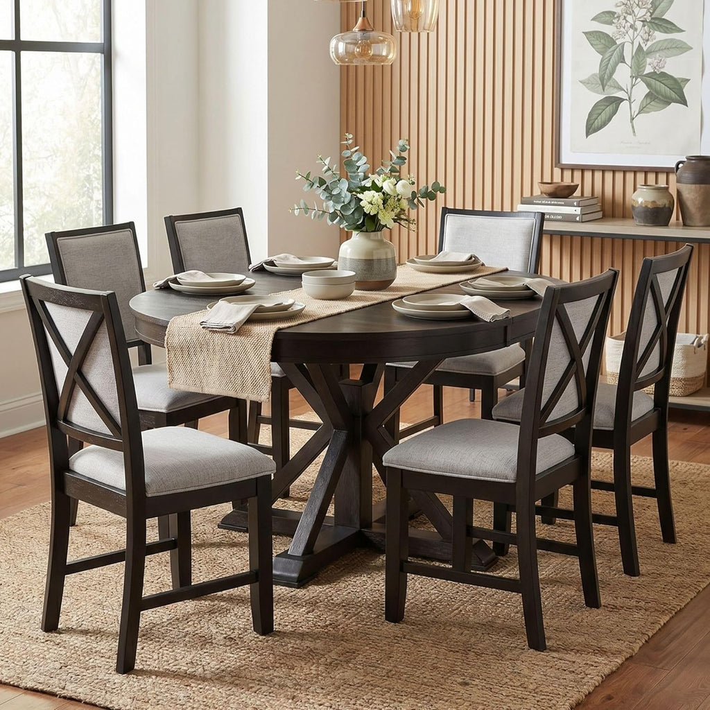42"-54" Extendable Dining Table for 4-6 People Farmhouse Round/Oval Dining Room Table Solid Wood Kitchen Table with Cross Base (Dark Brown)
