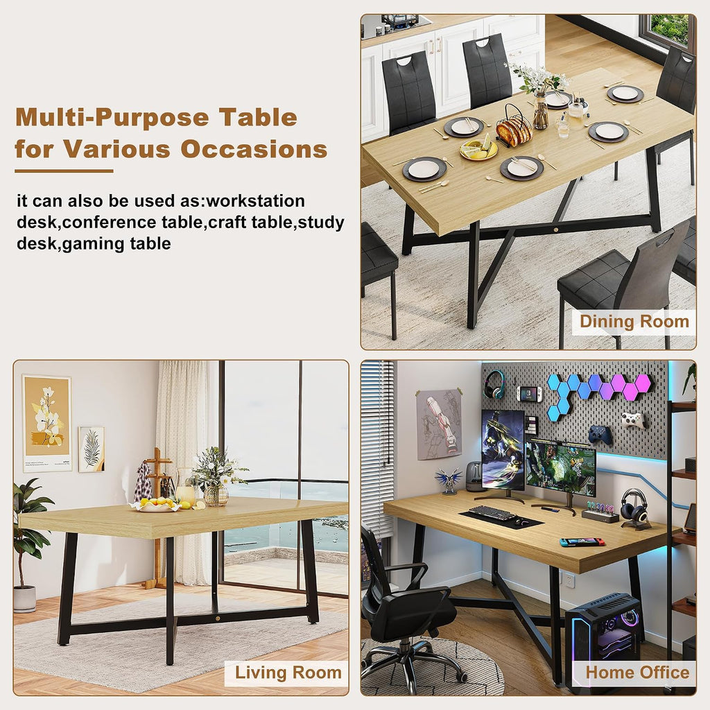 71" Farmhouse Dining Table for 4,6,8 People,Wooden Rustic Kitchen Table W/Thickness Waterproof Wood Tabletop,Rectangular Long Brown Dinner Table for Home Office,Dining Room,Living Room Furniture