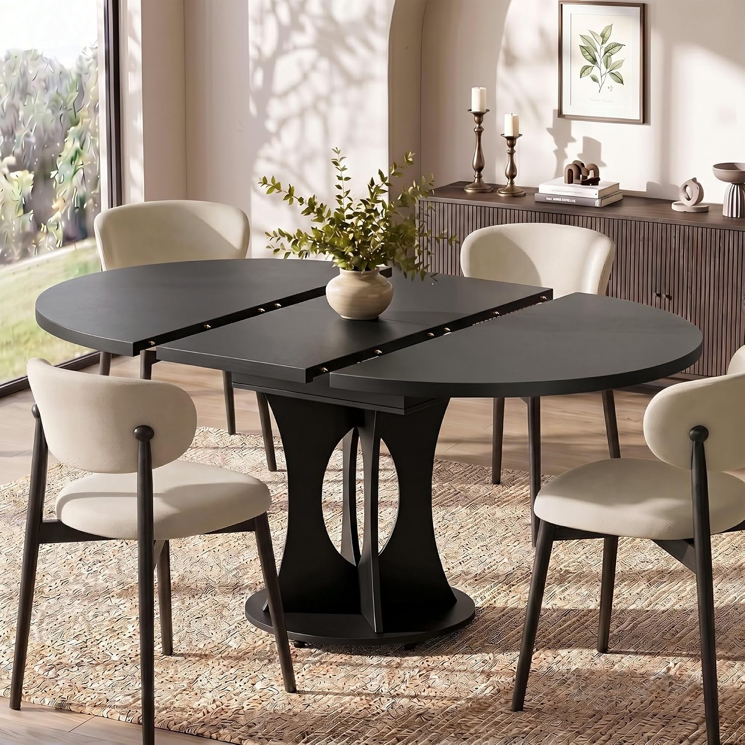 Einhomn 43-59" Extendable Round Dining Table, Kitchen Table for 4-8, Farmhouse Circle Dining Room Table with Removable Leaves,Hidden Storage, Space Saving Wood Kitchen & Dining Room Furniture, Black