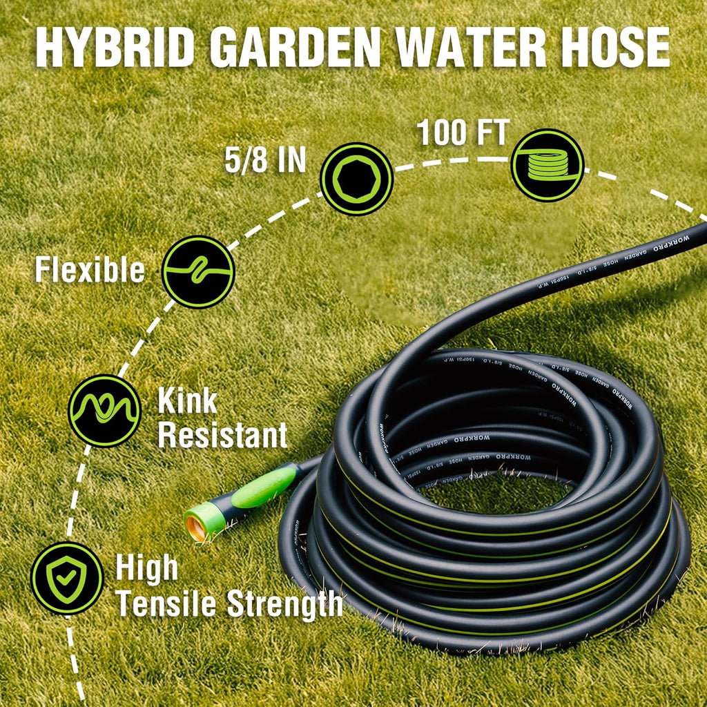WORKPRO Hybrid Garden Hose 5/8 in.x 100ft, Water Hose Heavy Duty, Flexible, Lightweight Hybrid Rubber Hose with Rotary Handle, 3/4" Solid Brass Fittings, Outdoor Watering Hose for Lawn, Garden & Yard