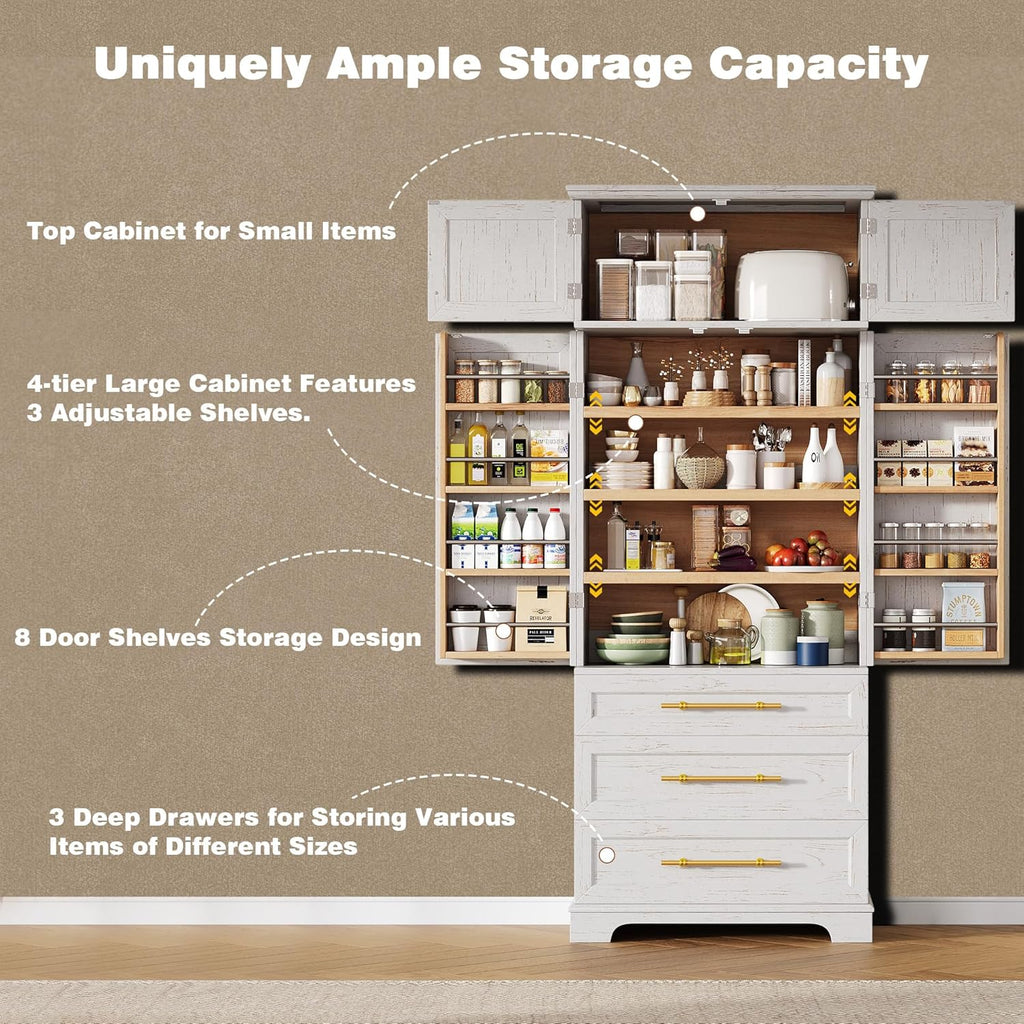 78.2" Tall Kitchen Pantry, Mid-Century Modern Storage Cabinet with 3 Drawers, Freestanding Pantry Cabinets with 4 Doors & Adjustable Shelves, Versatile Cupboard for Dining & Living Room,White