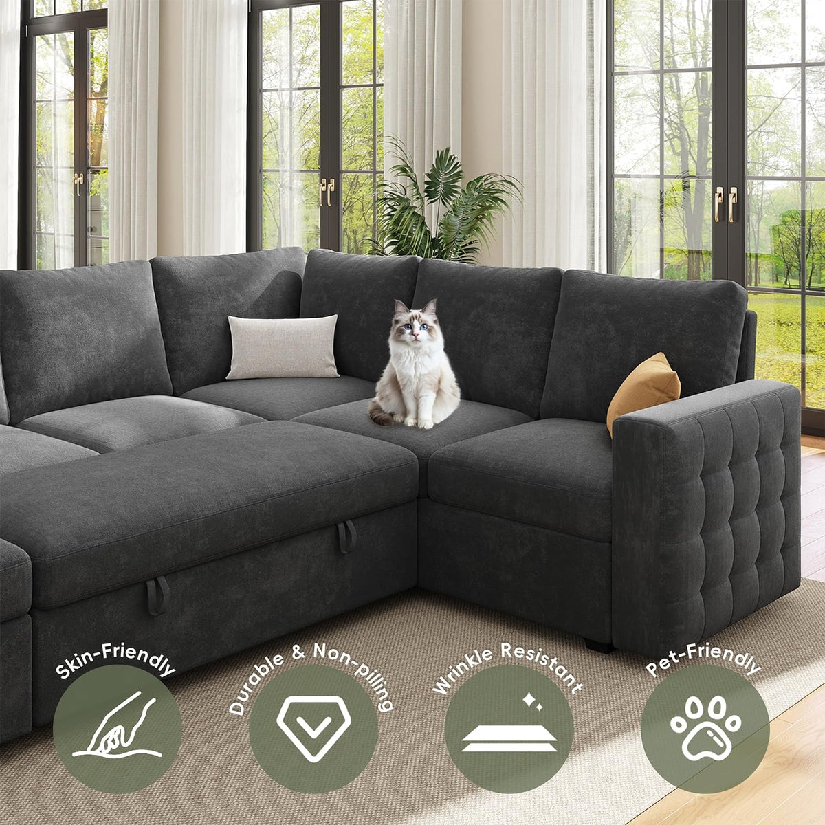 104" Sectional Sleeper Sofa Bed, 7 Seat Pull Out Couch with Storage, Gray | U Shaped Sectional Couches for Living Room, Apartment and Guest Room, Chenille Upholstered Sectional Couch