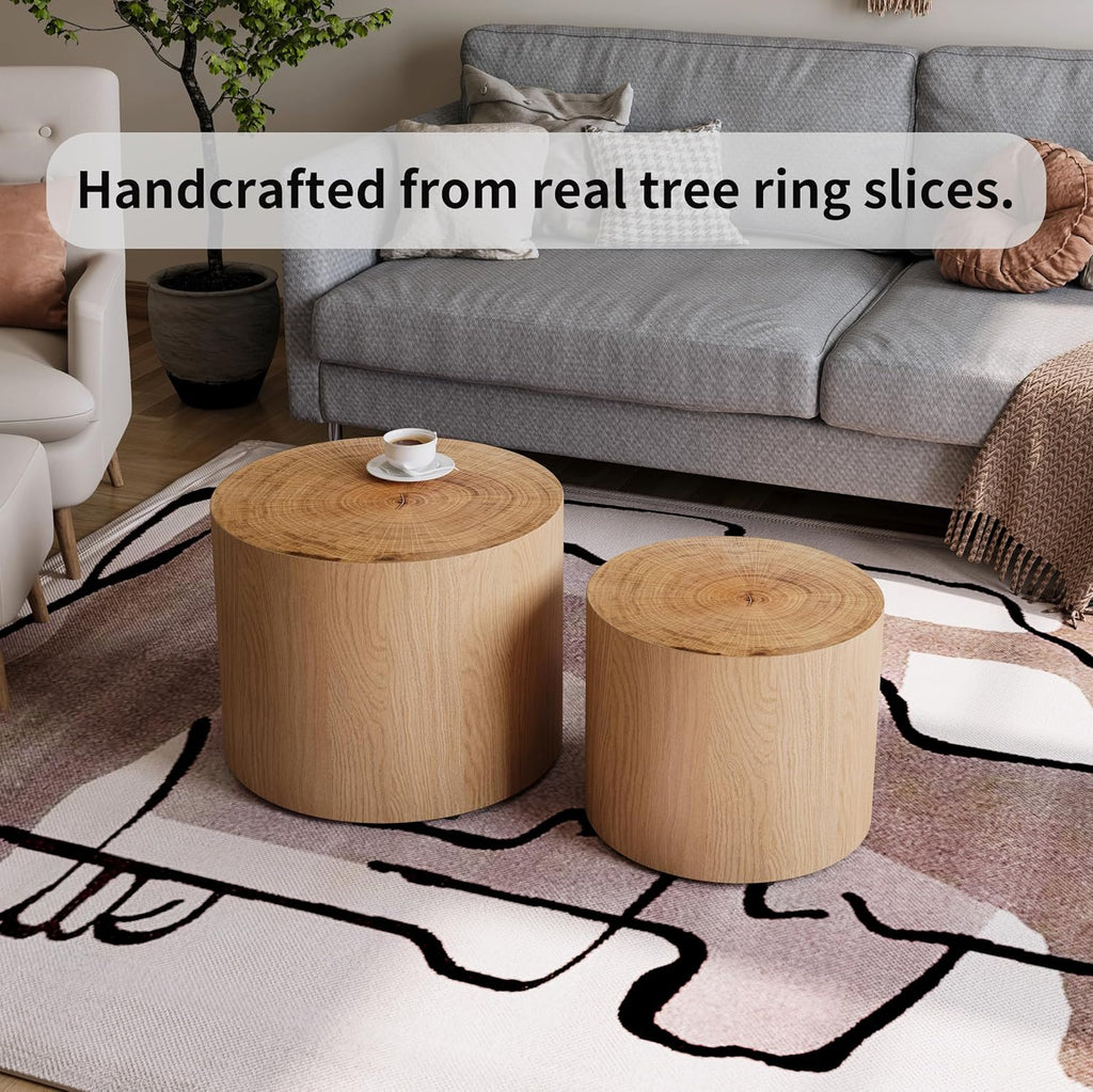 Nesting Coffee Table Set of 2, Modern Round Coffee Table, Wooden Circle Accent Tables for Small Spaces Living Room Bedroom Balcony Office Drum Side Table, Natural Wood