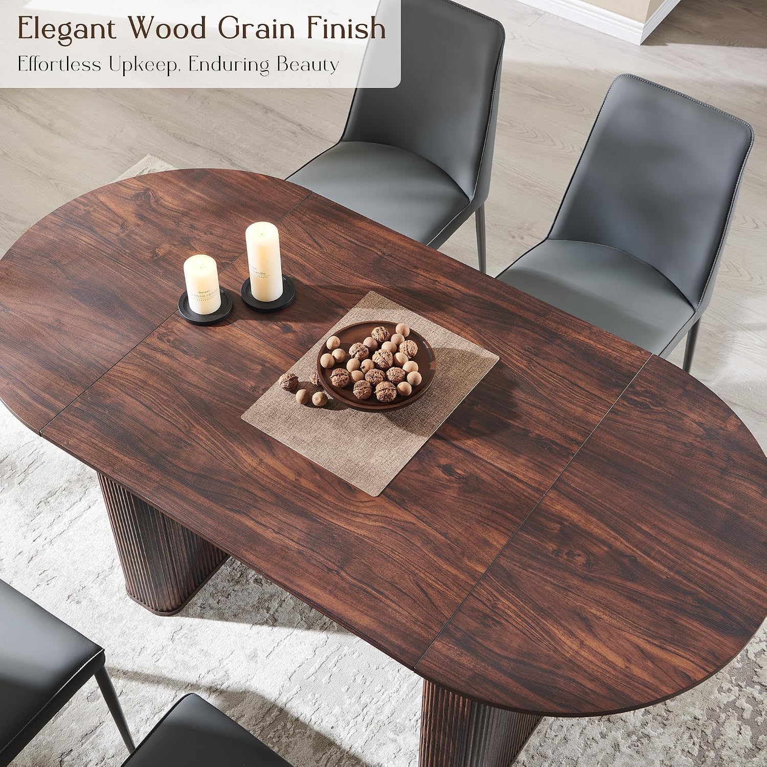 T4TREAM 63" Fluted Oval Dining Table for Kitchen Living Room, Walnut | Mid Century Modern Kitchen Table, Seats 4-6, Thickened Edge and Sturdy Strip Pedestal Base