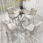 5 Pieces Silver Glass Dining Table Set, Modern Luxury Square Kitchen Table Set for 4, 36'' Clear Minimalist Glass Top Dinner Set, Beige High-end Tufted Chairs, for Small Place Living Room