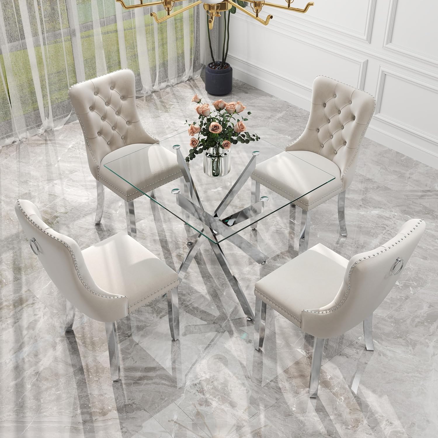 5 Pieces Silver Glass Dining Table Set, Modern Luxury Square Kitchen Table Set for 4, 36'' Clear Minimalist Glass Top Dinner Set, Beige High-end Tufted Chairs, for Small Place Living Room