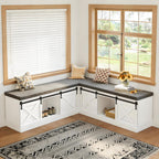 L Shaped Corner Bench with Storage, Farmhouse Breakfast Nook with Cushion & Sliding Barn Door, Entryway Shoe Storage Bench, Kitchen, Dining Room, Living Room, White & Grey