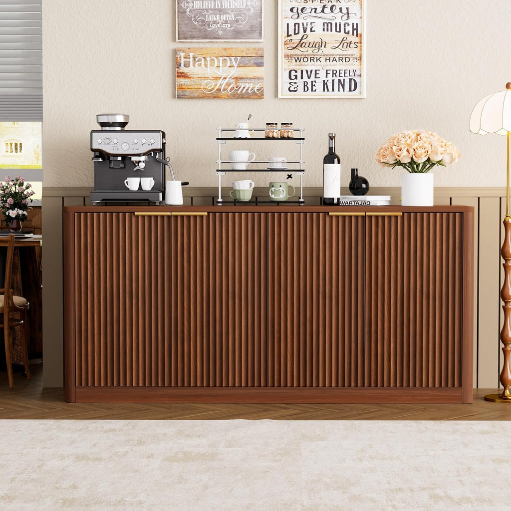 59" Fluted Buffet Sideboard Cabinet with Storage, Wooden 4-Door Sideboard with Adjustable Shelves, Coffee Bar Table for Kitchen, Living Room, Entryway,Walnut