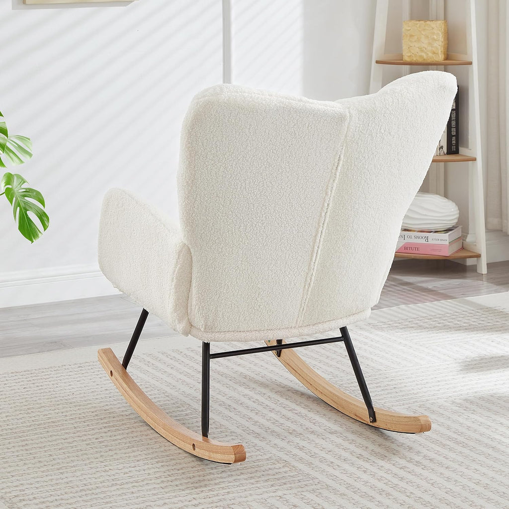 37.2" H Glider Rocking Chair Upholstered with Teddy Fabric, Indoor Rocking Chair with Armrests & Metal Frame (Ivory)